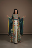 Green Floral Embroidered Palestinian Beige Thobe with Wide Sleeve