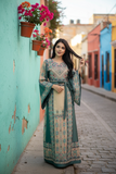 Beige thoub Blue Embroidered Palestinian Fellahi Thobe With Belt