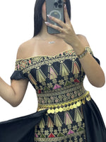 Load image into Gallery viewer, Black/ Beige Dress Off Shoulder Embroidered long Overskirt
