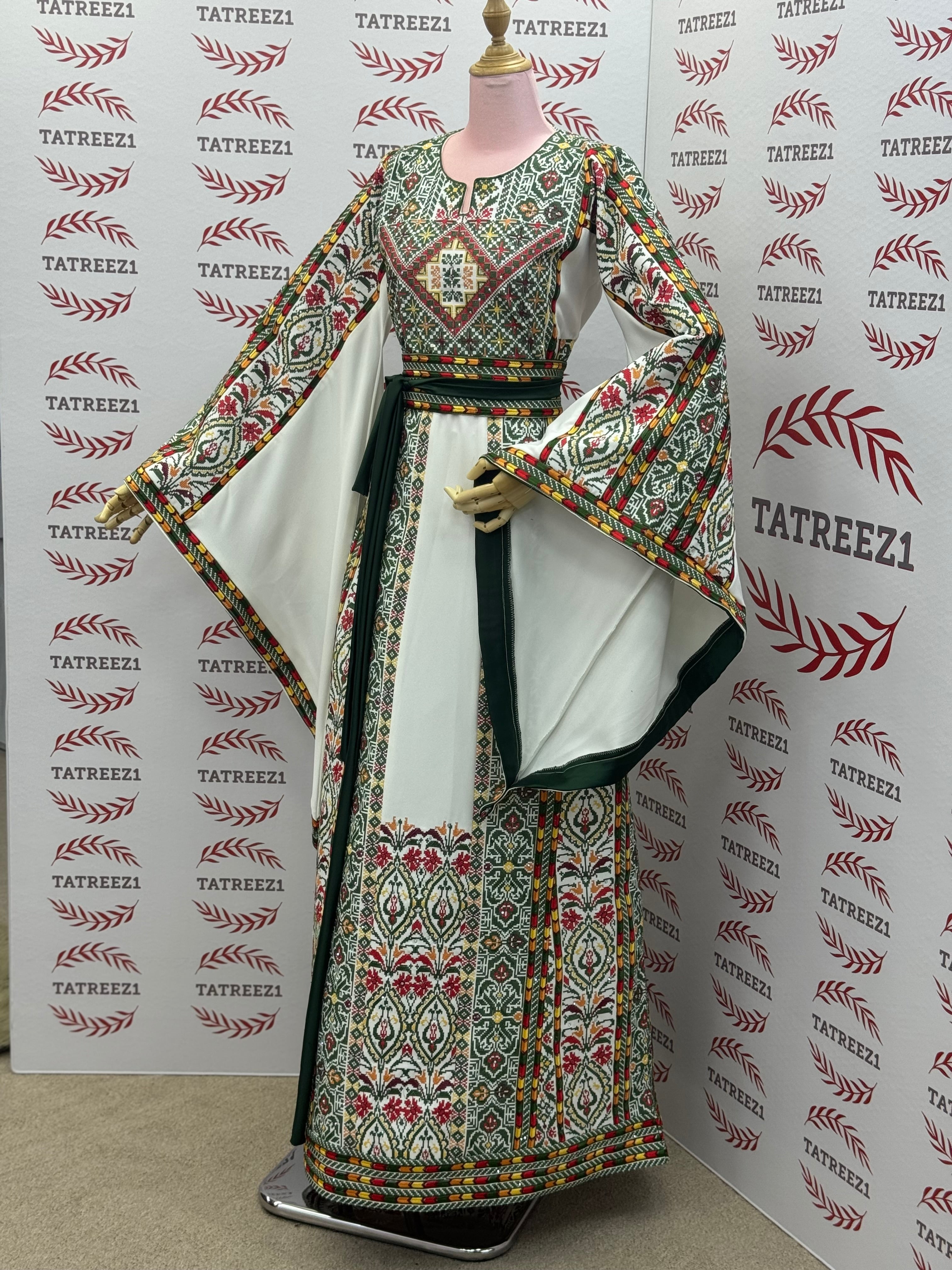 White Traditional Palestinian Thobe – Green Elegance Embroidery
