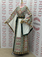 Load image into Gallery viewer, White Traditional Palestinian Thobe – Green Elegance Embroidery
