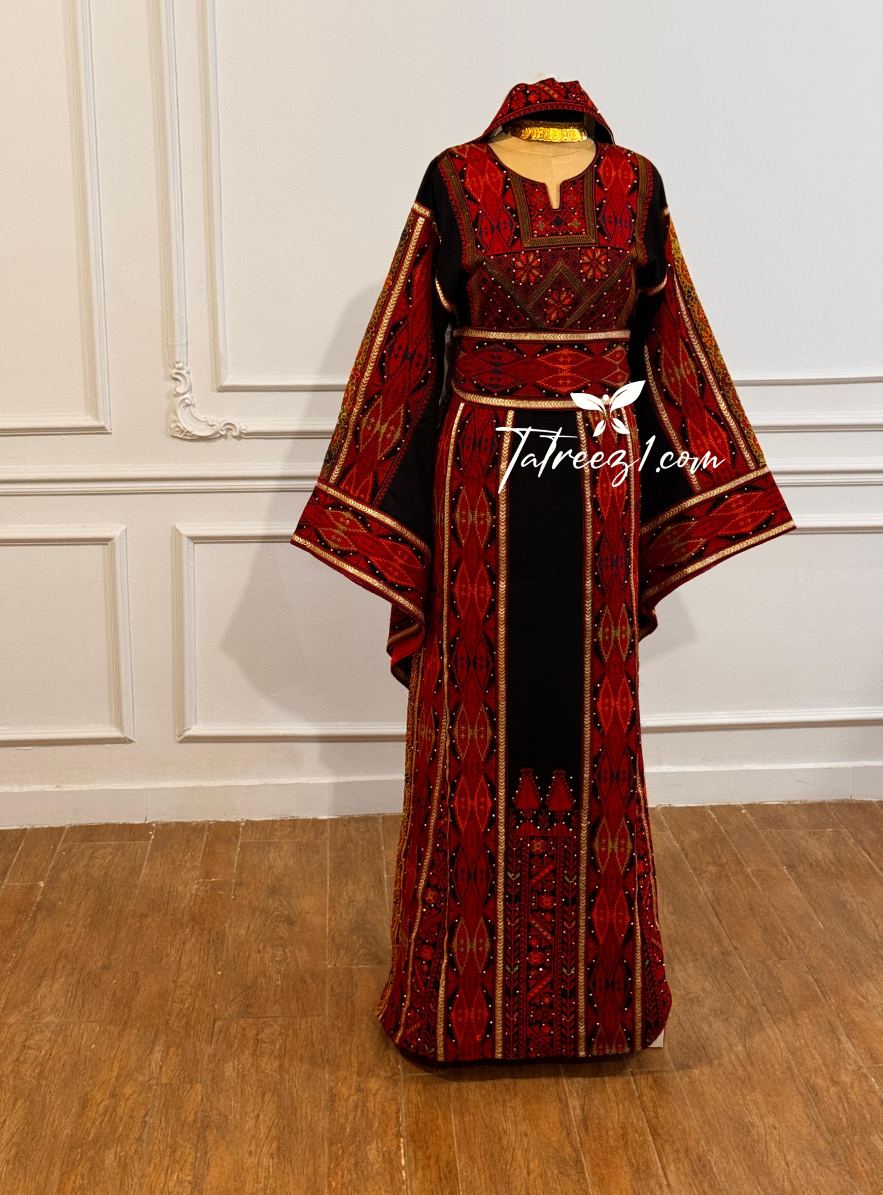 Red & Black Embroidery Traditional Palestinian Thobe Machine Made with Matching Head Scarf