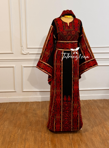Red & Black Embroidery Traditional Palestinian Thobe Machine Made with Matching Head Scarf