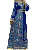 Charger l&#39;image dans la galerie, Blue Embroidery Embroidered Palestinian Thobe With Reversible Belt
