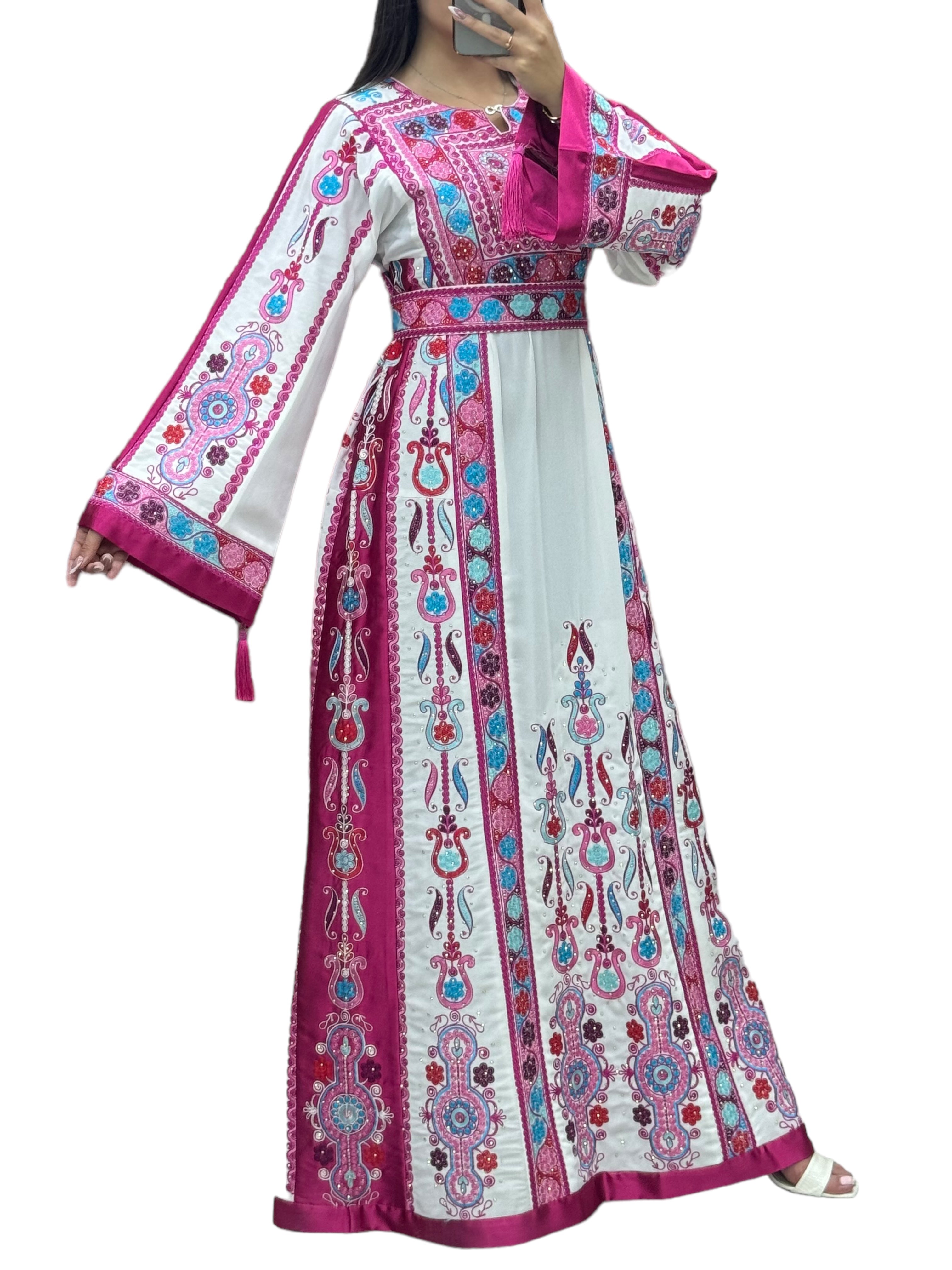 Pink Malacca White Embroidery Thoub  Wide Sleeve Elegant with Reversible Belt