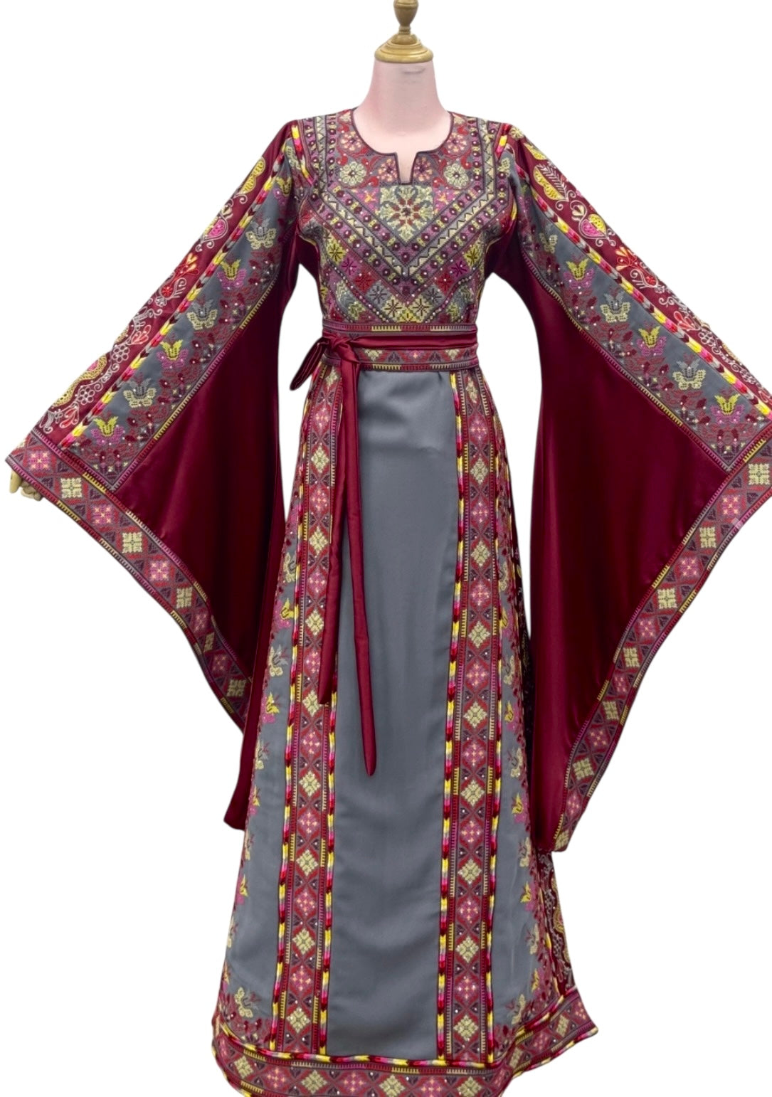Stunning Gray Long Sleeve Embroidered Palestinian Thobe