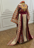 Beige Majdalway Embroidered Palestinian Fellahi Thobe With Matching Headpiece & overskirt