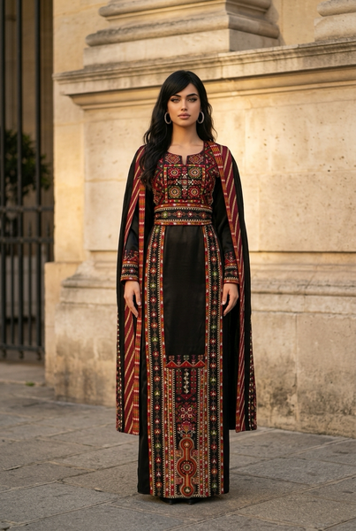 Modern Palestinian Tatreez Gown with Majestic Cape Sleeves – Tatreez1 Modern Palestinian Tatreez Gown with Majestic Cape Sleeves – Tatreez1