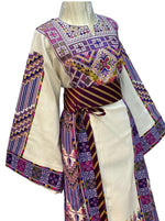 Load image into Gallery viewer, Etameen Purple Embroidered White  Shade Palestinian Fellahi Thobe With Satin belt
