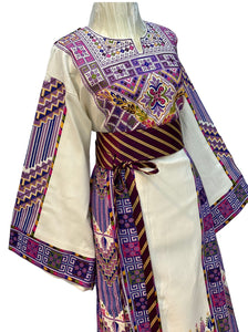 Etameen Purple Embroidered White  Shade Palestinian Fellahi Thobe With Satin belt