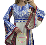 Load image into Gallery viewer, Majdalway Light beige shade Blue Embroidered Palestinian Fellahi Thobe
