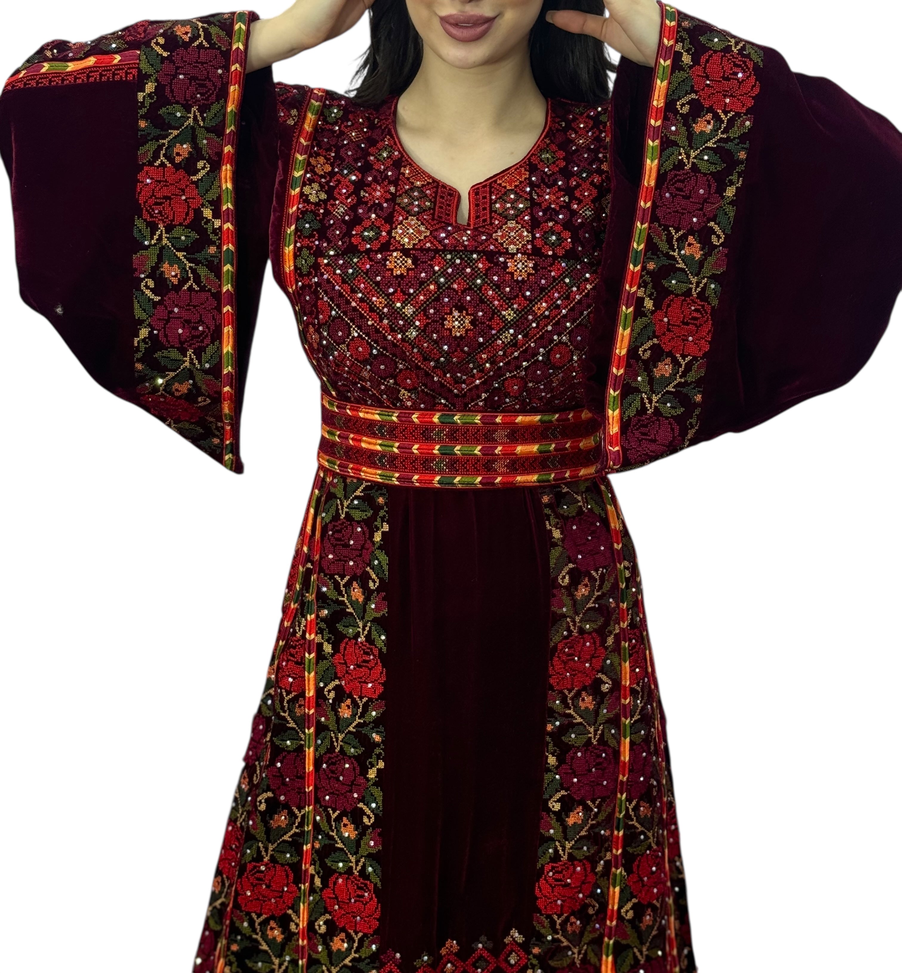 Maroon Velvet Embroidery Stone Thoub