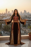 Qasab Maroon Malacca Silk Velvet Thoub with Embroidery and Overskirt