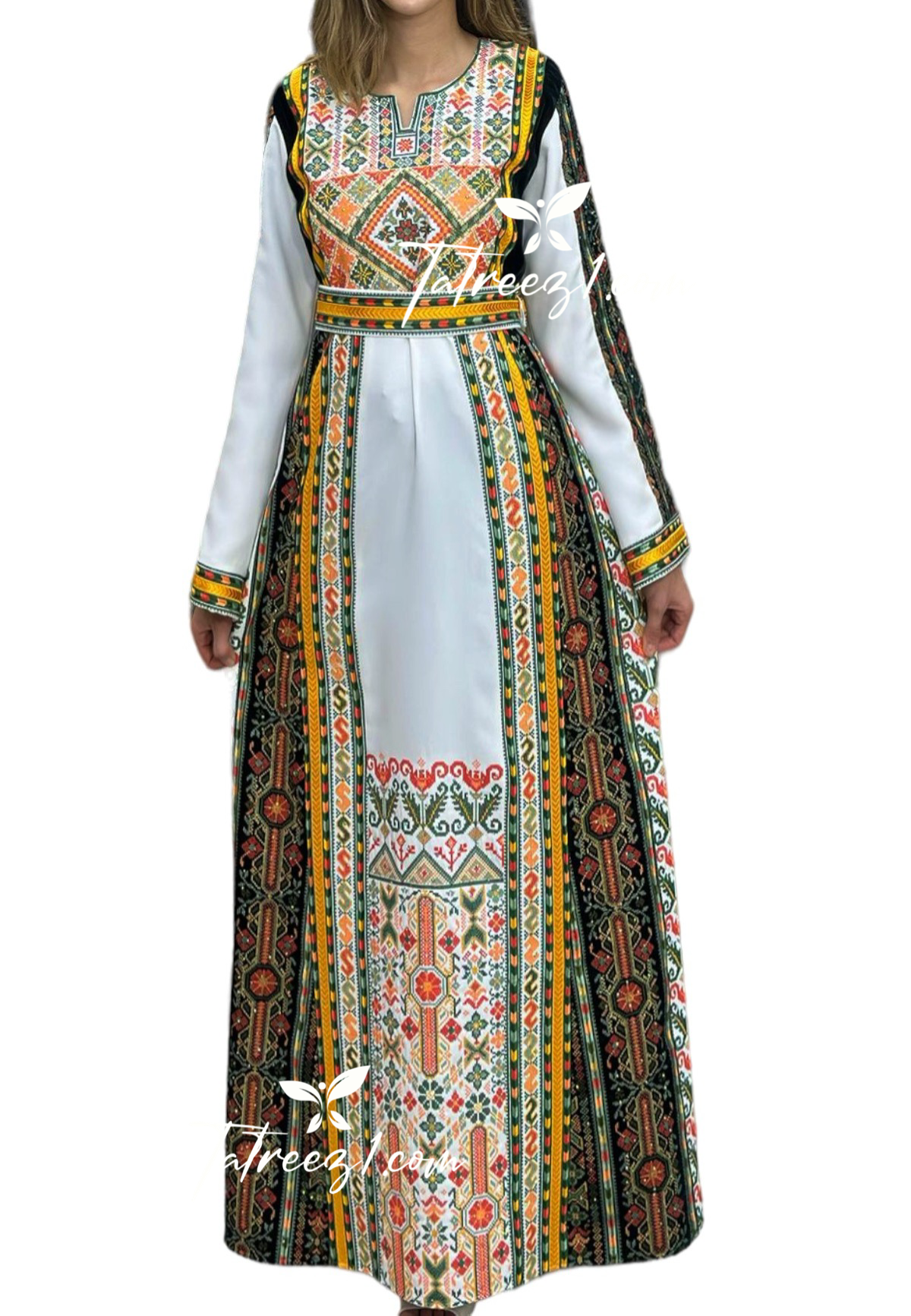 White Shade Stone Green MultiColored Embroidery Dress