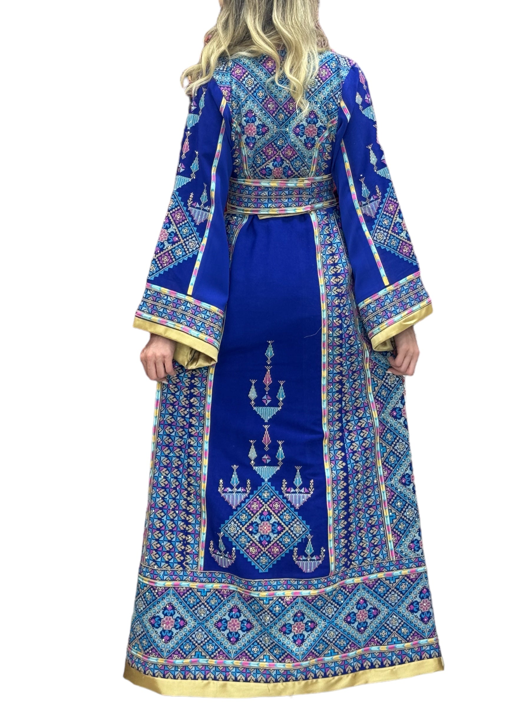 Blue Embroidery Embroidered Palestinian Thobe With Reversible Belt