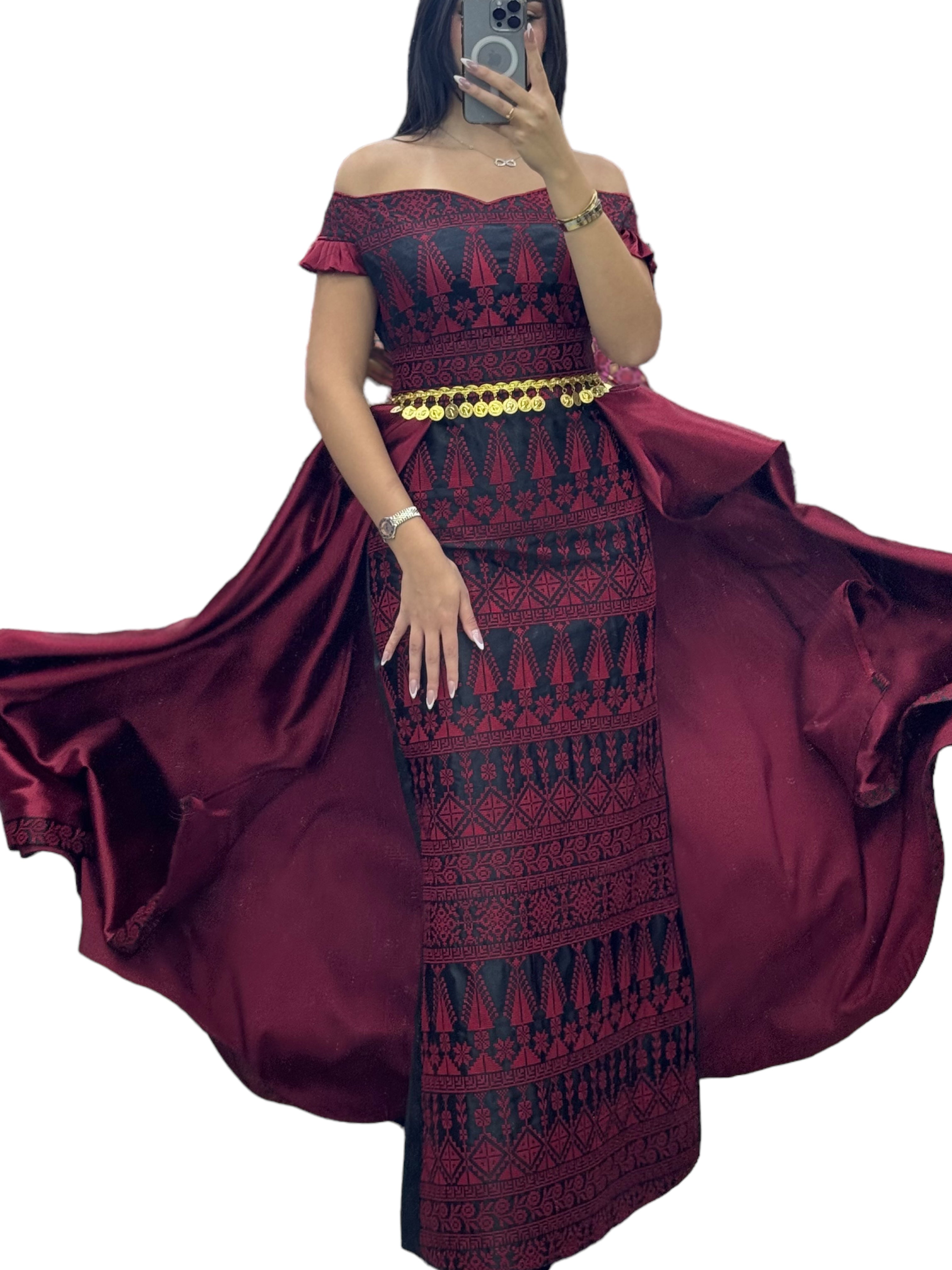 Dark Red Embroidery Dress Off Shoulder  long Overskirt