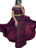 Dark Red Embroidery Dress Off Shoulder  long Overskirt