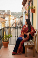 Load image into Gallery viewer, Blue Velvet embellished with intricate Qasab (metallic) embroidery.
