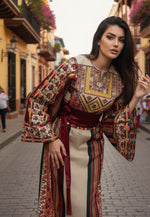 Load image into Gallery viewer, Beige Majdalway Embroidered Palestinian Fellahi Thobe With Matching Headpiece
