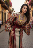 Beige Majdalway Embroidered Palestinian Fellahi Thobe With Matching Headpiece & overskirt