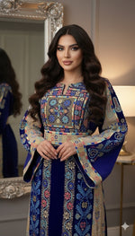 Load image into Gallery viewer, Blue German velvet Multicolored Gorgeous Palstainen Embroidery Traditional Long Thoub
