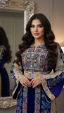 Blue German velvet Multicolored Gorgeous Palstainen Embroidery Traditional Long Thoub