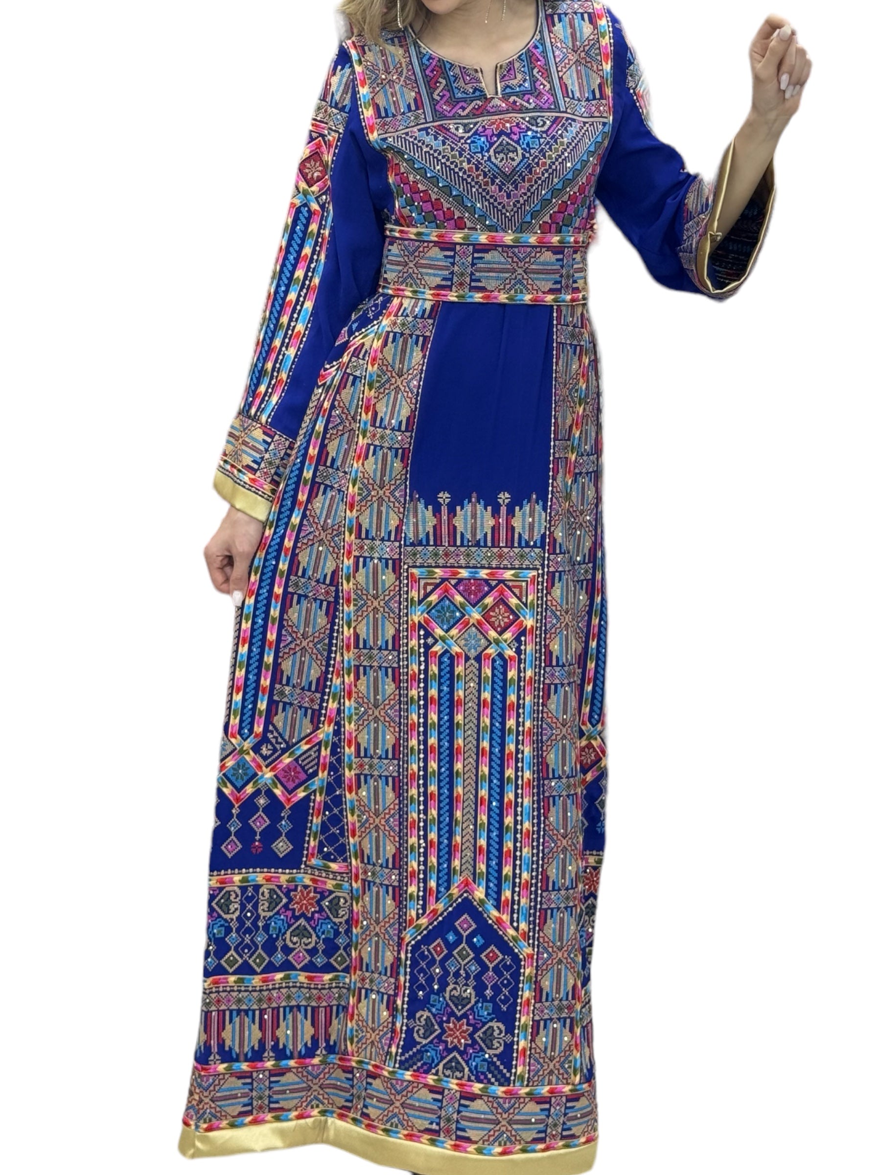 Blue Palestinian Thobe With Embroidery Belt