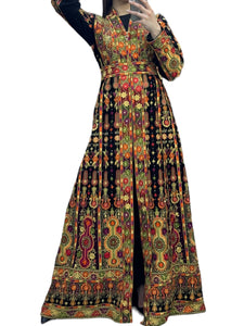 Multicolor Kafton Black With Orange Embroidered Palestinian Fellahi Thobe