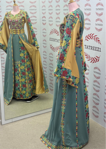 Royal Elegance Green Thoub with Overskirt Thoub with Floral Embroidery