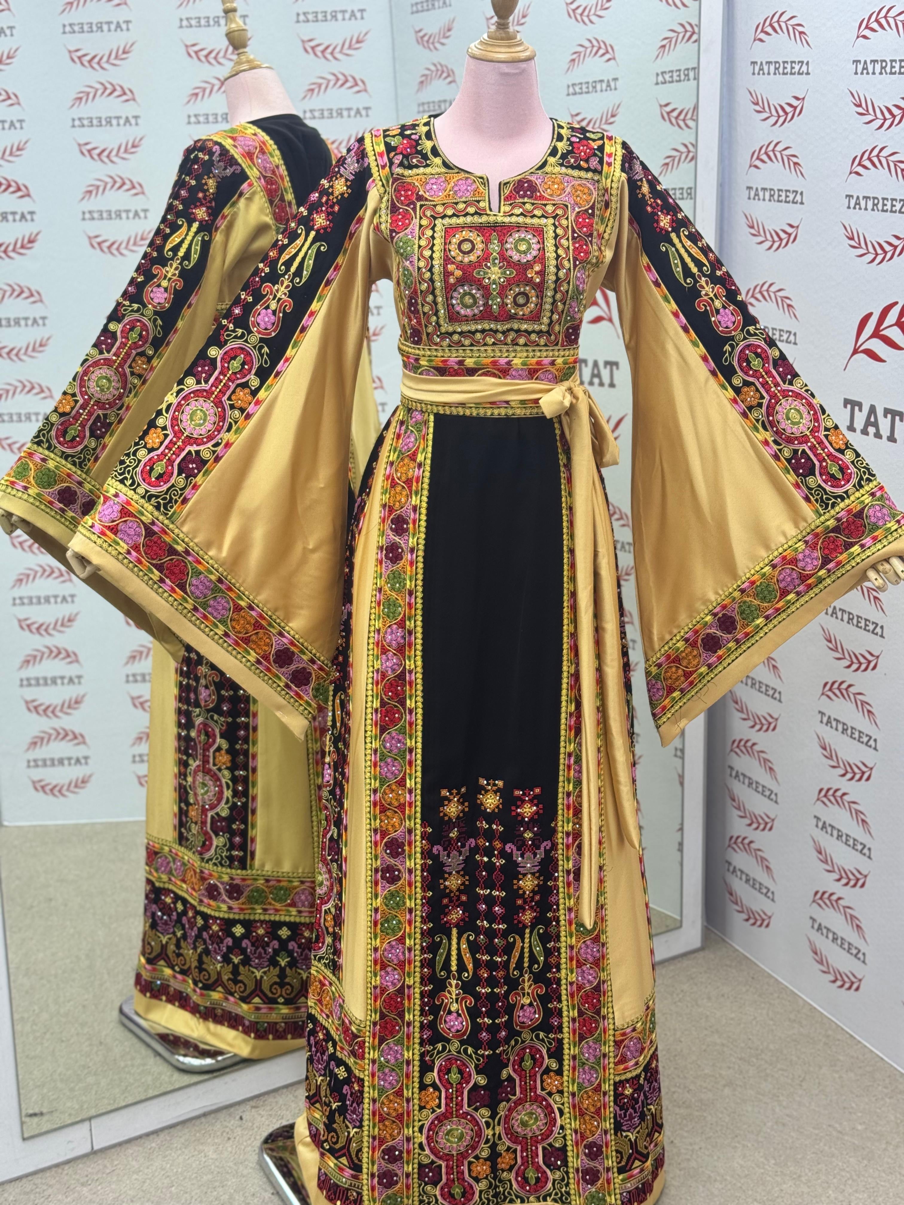 Luxury Embroidery  Golden Traditional Palestinian Thobe Machine Made