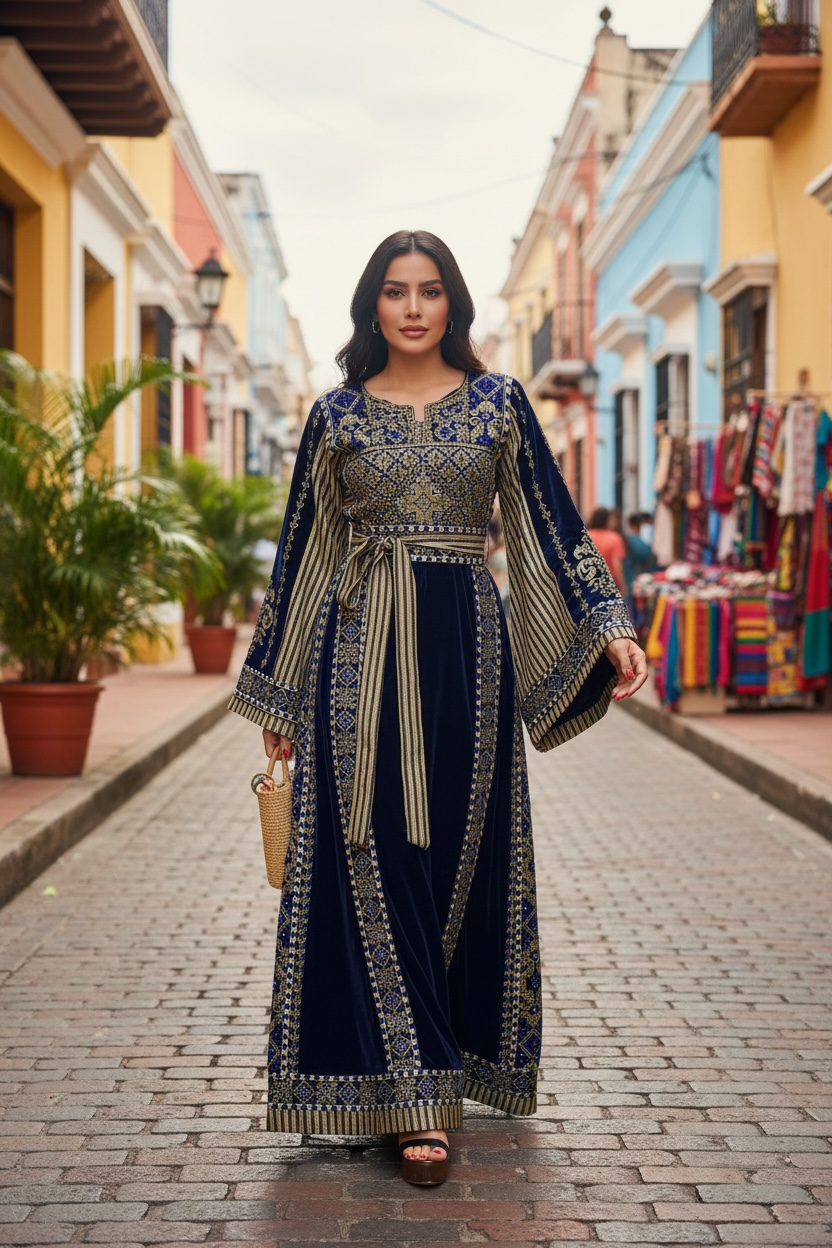 Velvet Simply Elegant Wide Sleeve Thoub Blue Embroidered Palestinian Thobe