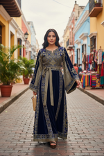 Load image into Gallery viewer, Velvet Simply Elegant Wide Sleeve Thoub Blue Embroidered Palestinian Thobe
