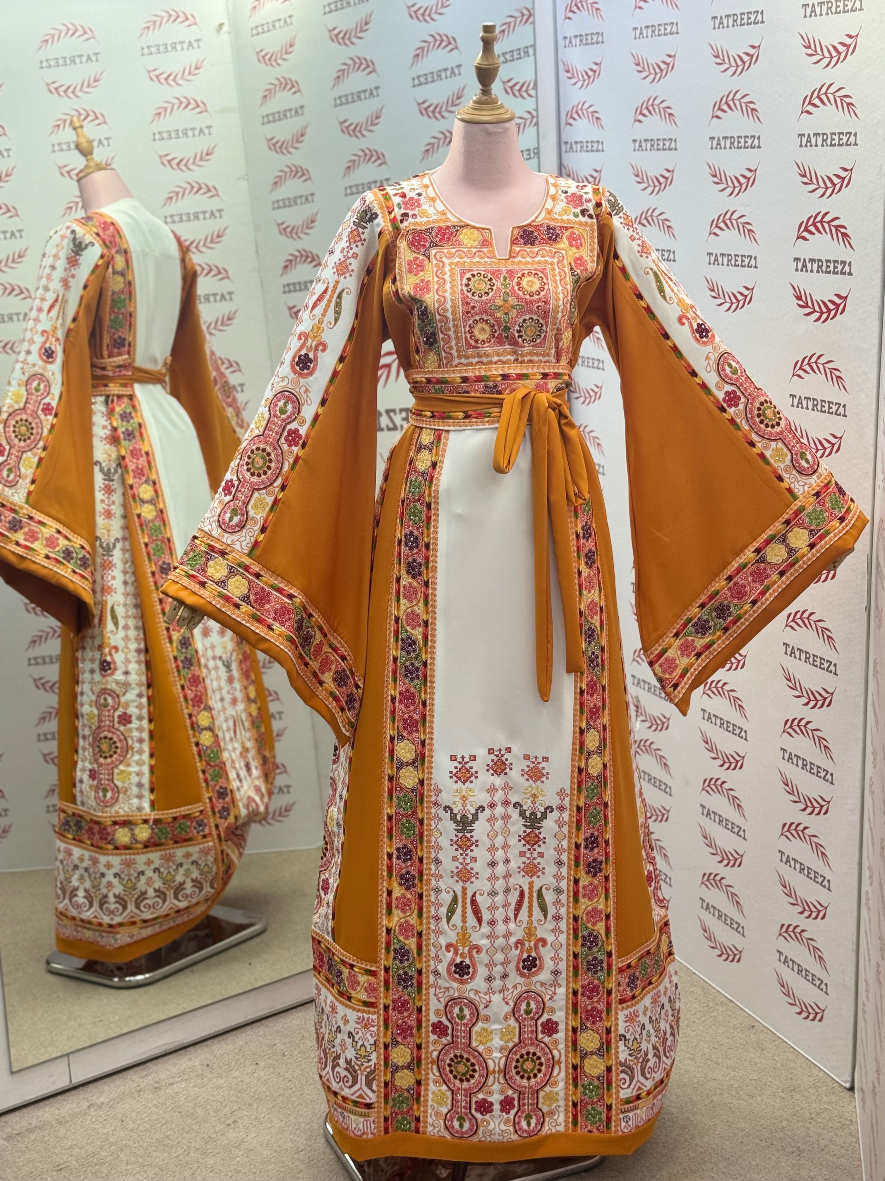 Yellow & White  Palestinian Tatreez Thobe Heritage Elegance Embroidered Dress