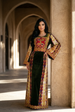 Qasab Green Malacca Silk German Velvet Thoub with Embroidery