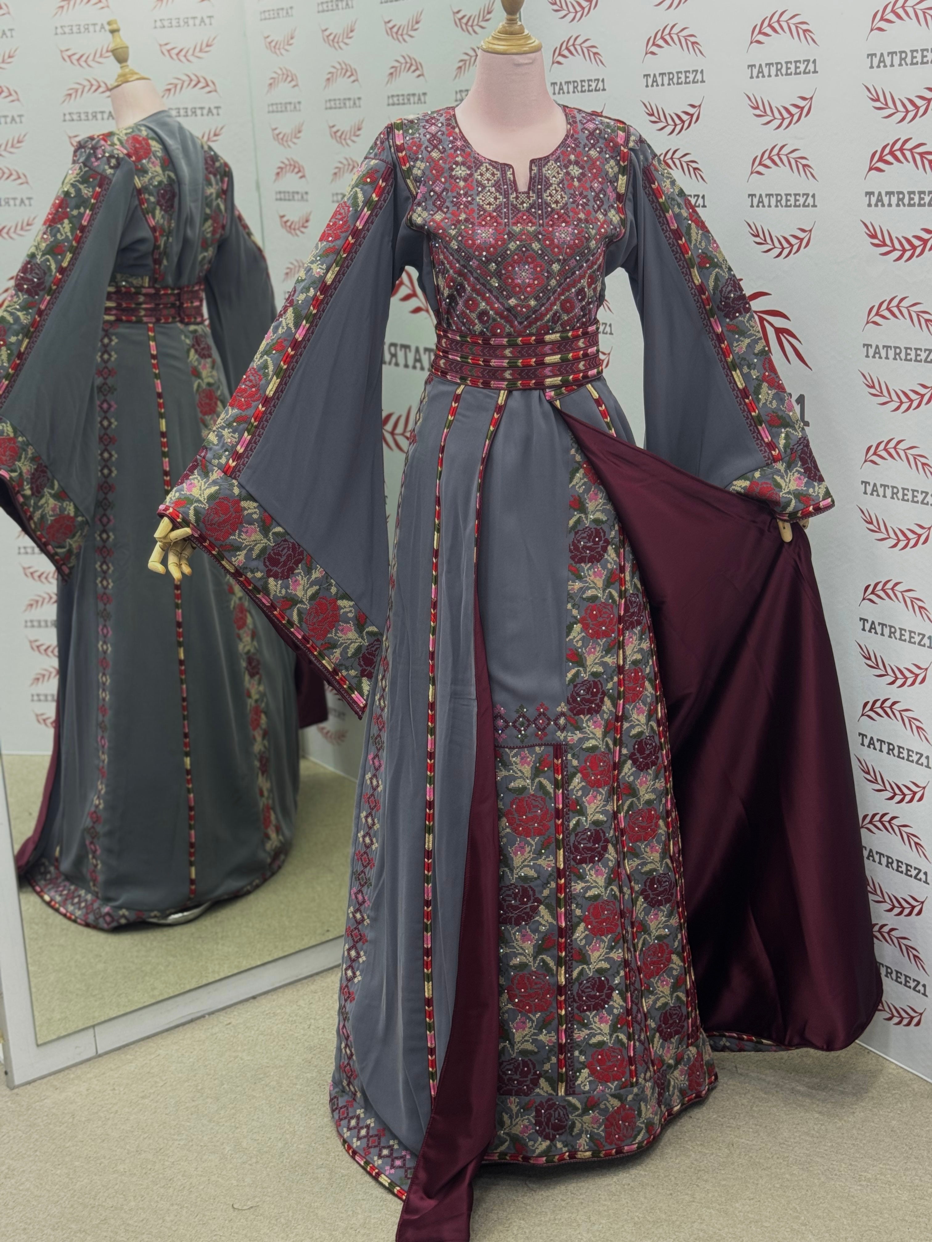 Royal Elegance Gray Thoub with Overskirt Thoub with Floral Embroidery