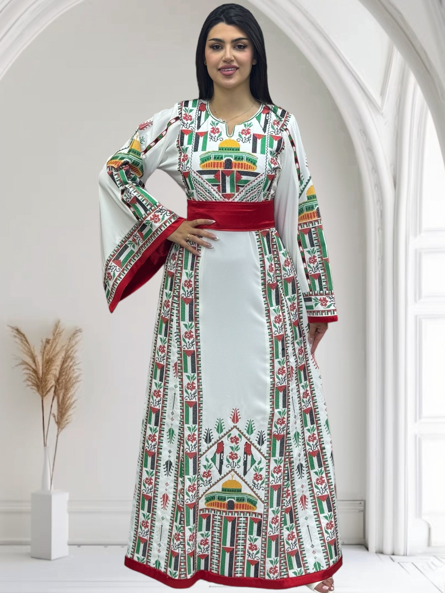 Palestine Flage Embroidery White Traditional Thoub  Stone Thobe with Matching Belt