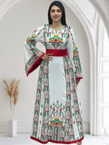 Palestine Flage Embroidery White Traditional Thoub  Stone Thobe with Matching Belt