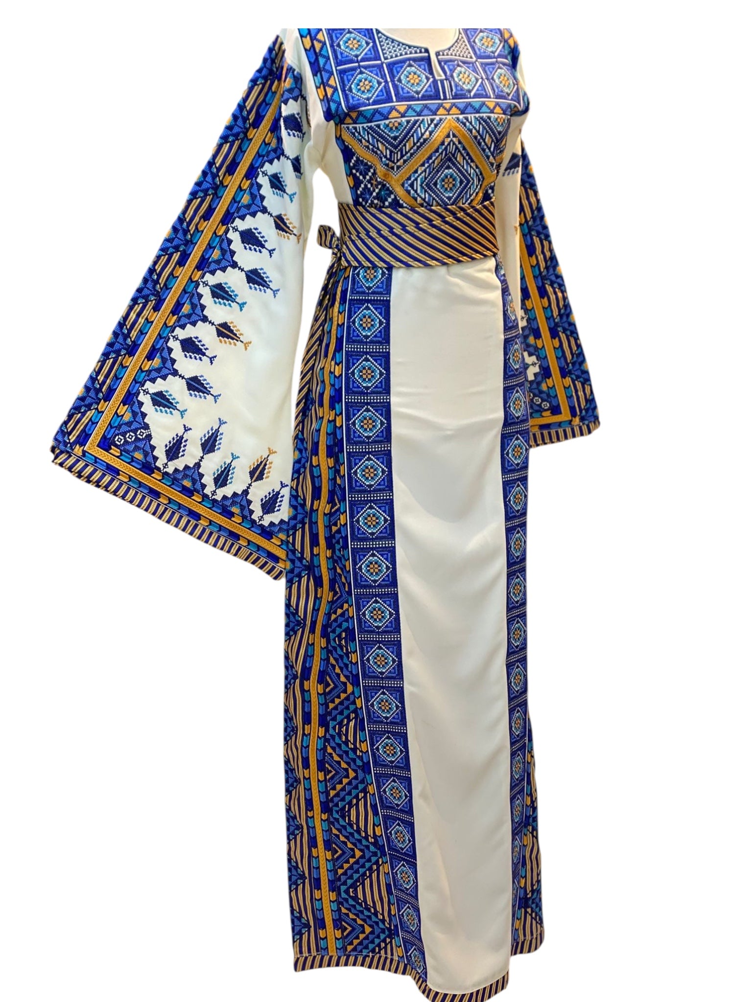 Blue Embroidered Palestinian Thobe Wide Sleeves