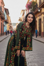 Load image into Gallery viewer, Green Covered in elegant floral Embroidered Palestinian Thobe
