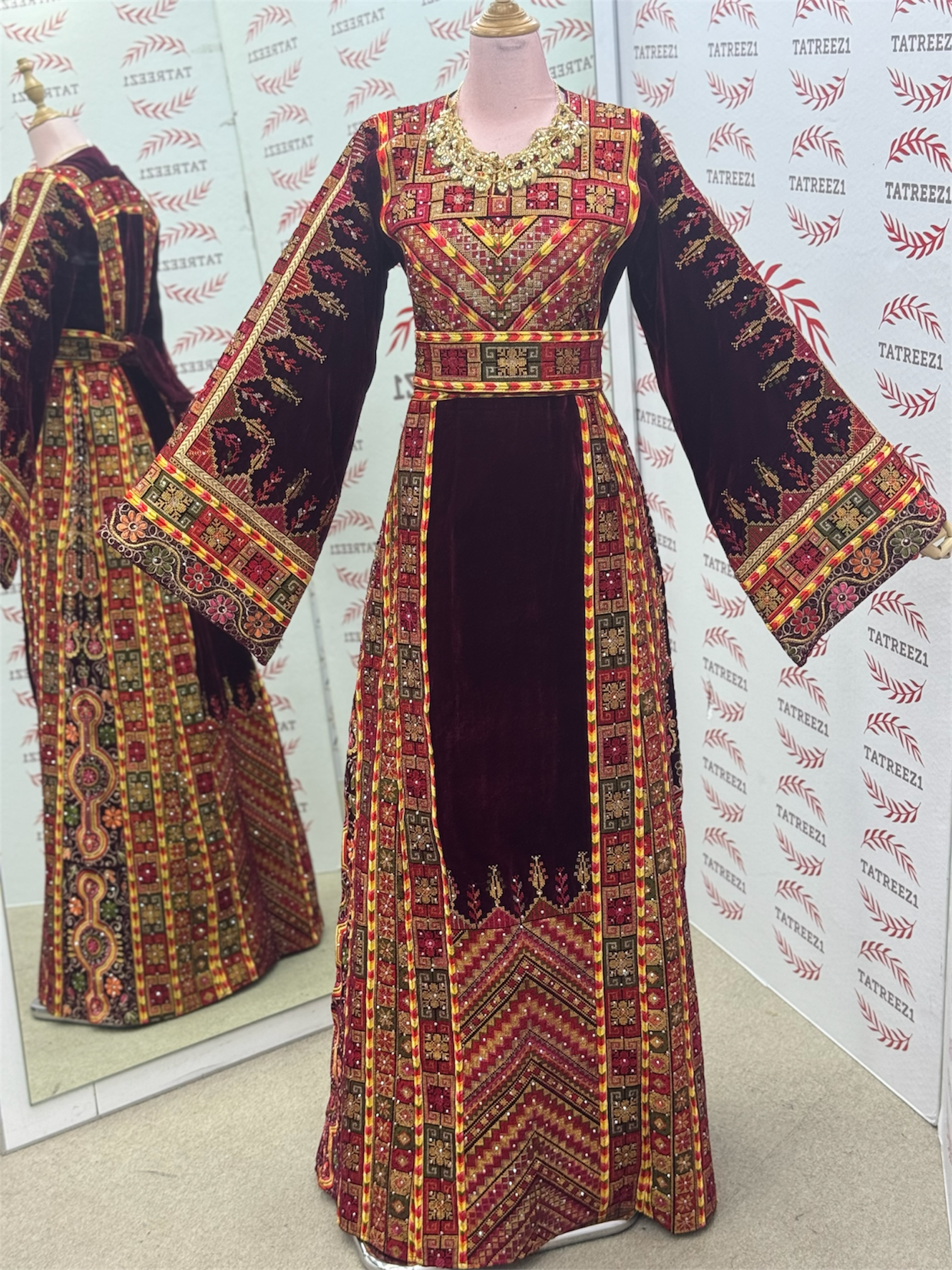 Maroon Velvet Palastine Thoub & Matching Headpiece