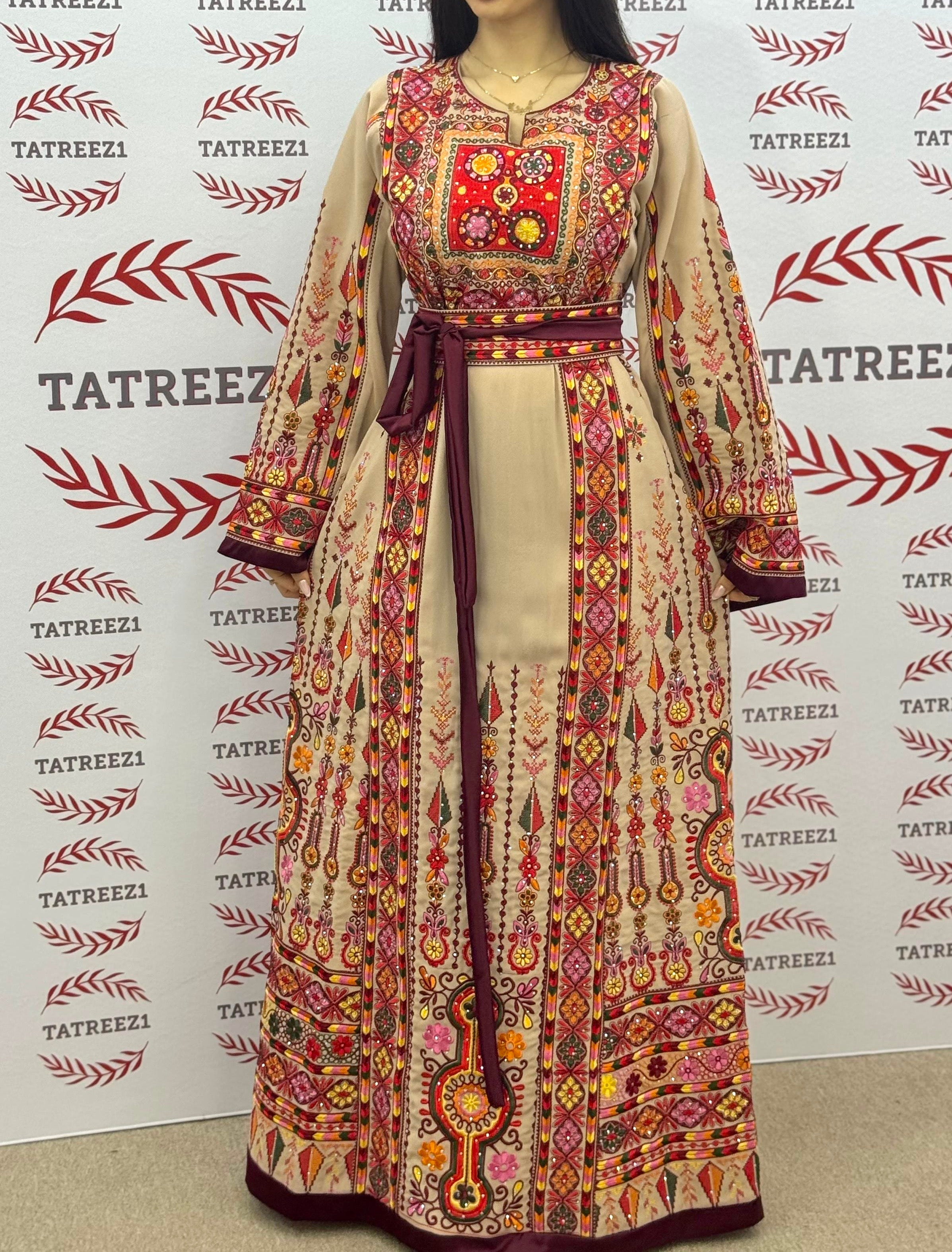 Beige Shade Embroidered Palestinian Thobe With Reversible Belt