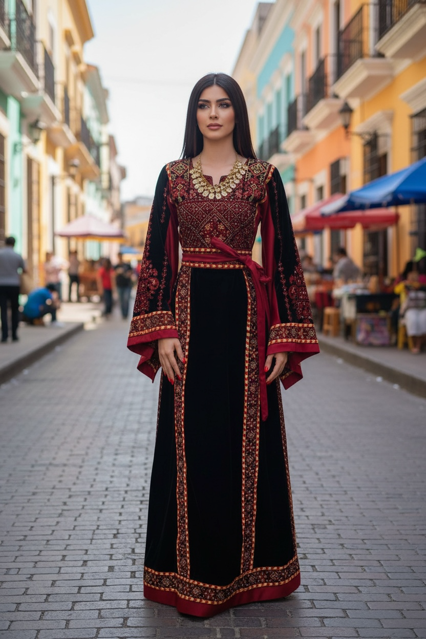 Velvet Simply Elegant Wide Sleeve Thoub Red Embroidered Palestinian Thobe