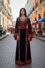 Load image into Gallery viewer, Velvet Simply Elegant Wide Sleeve Thoub Red Embroidered Palestinian Thobe
