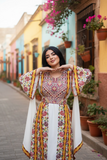 Floral Embroidered Palestinian Thobe with Wide Sleeves and Belt