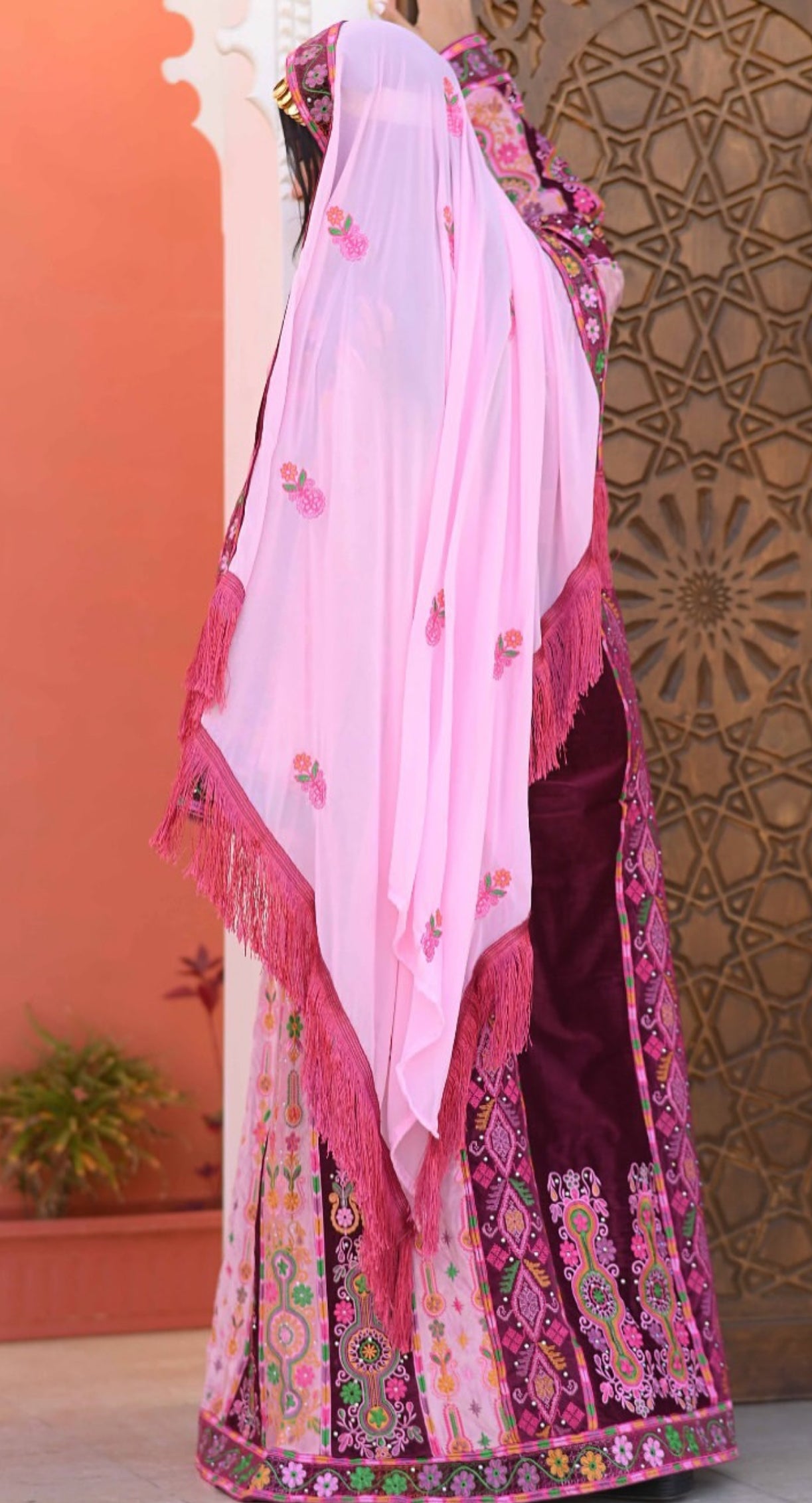 Magenta Malacca Velvet Material Stone Embroidery Thoub With Matching Headpiece and reversible belt