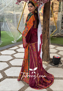 Maroon Malacca Silk Velvet Thoub with Stone Embroidery and Overskirt