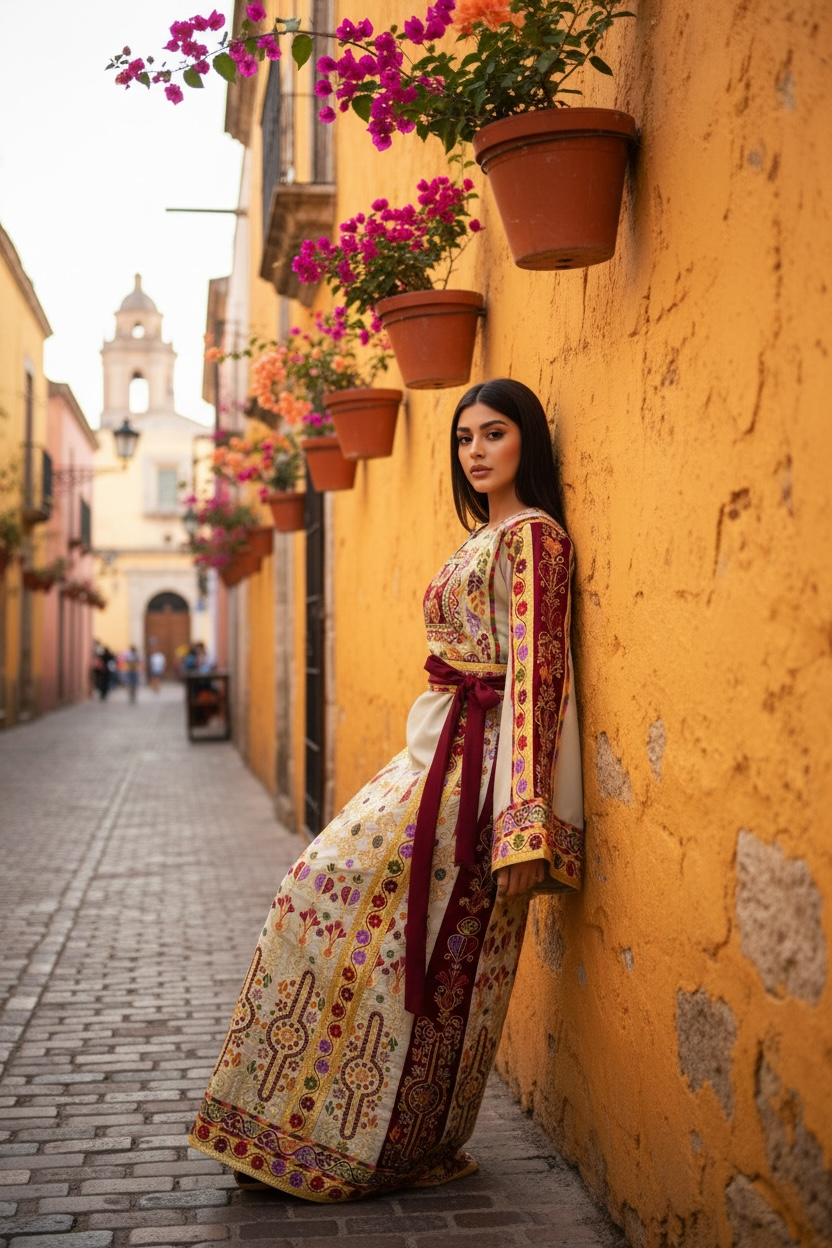 Baharej Thoub Luxury Embellishments Beige Shade Embroidered Palestinian Thobe