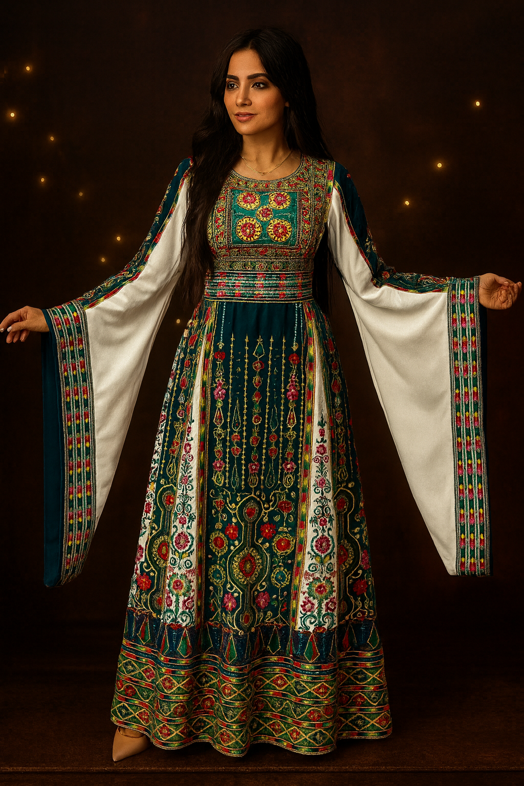 Green Embroidery Traditional Palestinian Thobe Machine Made