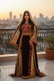 Qasab Maroon Malacca Silk Velvet Thoub with Embroidery and Overskirt