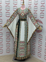 Load image into Gallery viewer, White Traditional Palestinian Thobe – Green Elegance Embroidery
